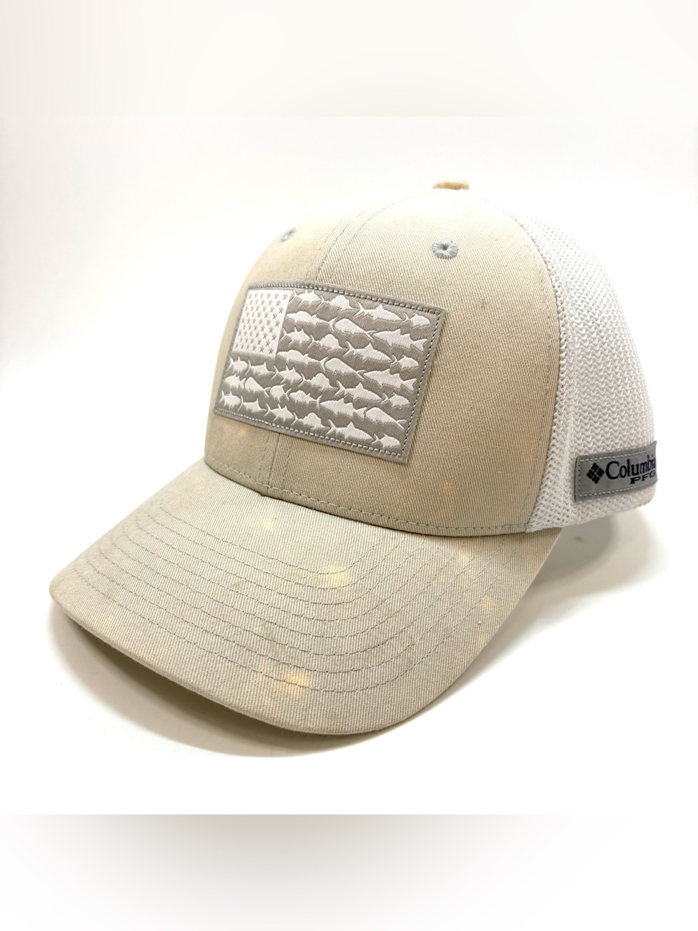 Columbia PFG Men Beige Mesh Back Fish Flag Flexfit Fishing Hat S/M CU0117